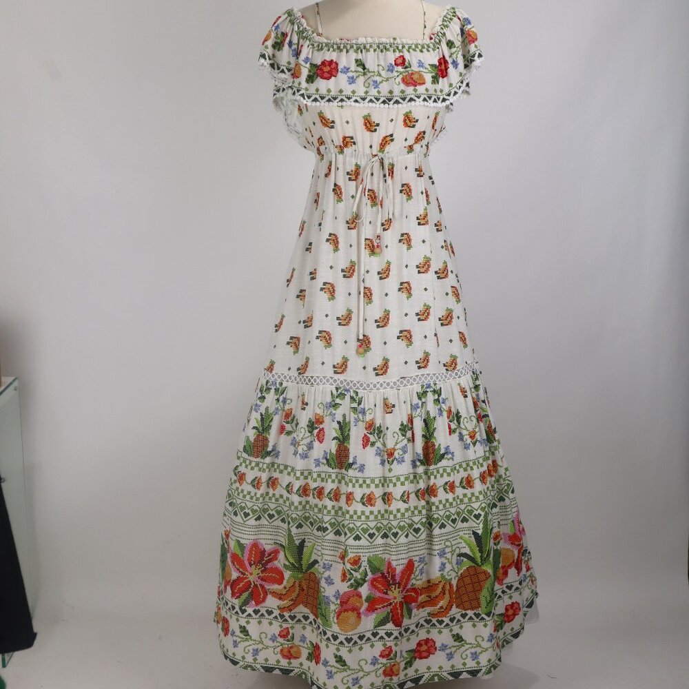 🌺 Farm Rio NWT Floral Fruit Off The Shoulder Long Embroidered Lace Maxi Dress S
